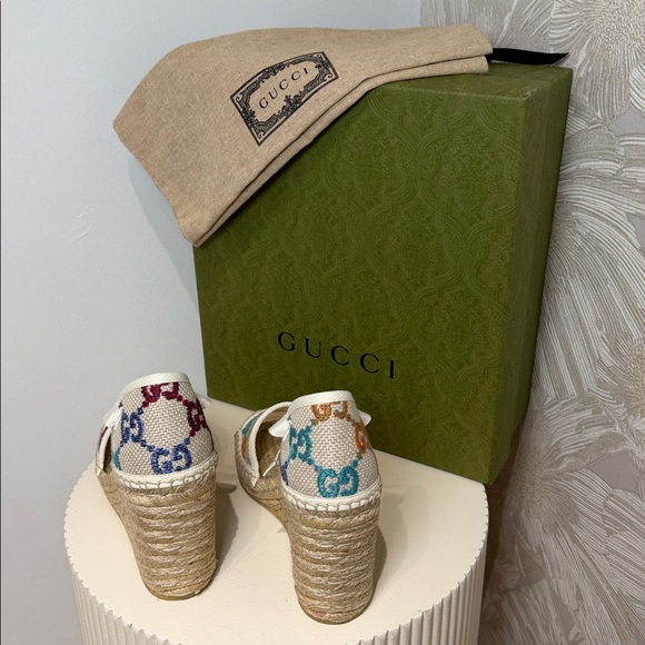 Gucci GG Multicolor Canvas Espadrille Wedge Sandals 39 - Picture 3 of 5